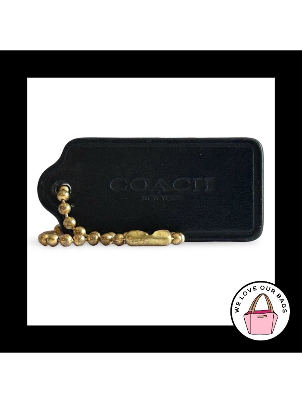 COACH HANG TAG 2.25" Black Leather Bag Charm Keychain Fob New York Antique Brass